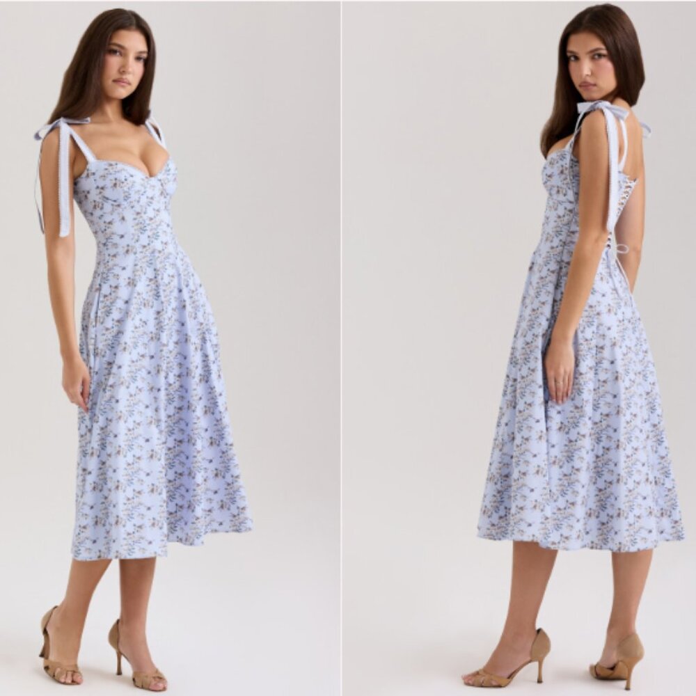 House of CB 'Emely' Blue Floral Print Stretch Cotton Midi Sundress NWOT - Picture 2 of 6